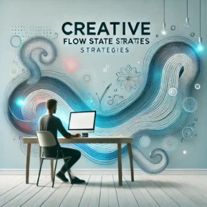 Modern workspace representing creative flow state strategies with black, white, and red accents